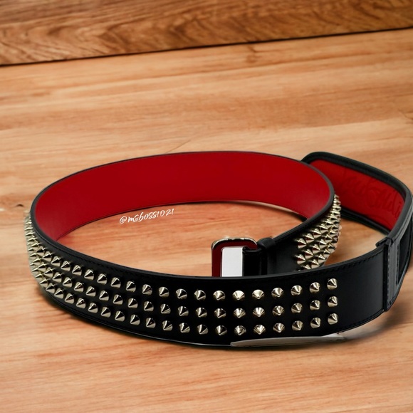Christian Louboutin LOUBI Logo Spike Studded Leather Belt Black Gold - Picture 5 of 10